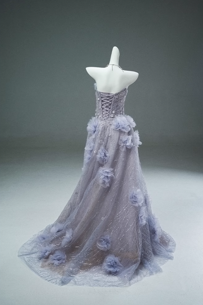 Light Purple A-line Off-the-Shoulder Tulle Sequin Long Prom Dress, Sweet Appliqué Beaded Evening Dress ED01488