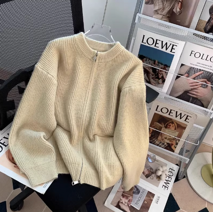 Lazy style double-head zipper soft waxy sweater jacket loose casual outer wear knitted cardigan ED0148