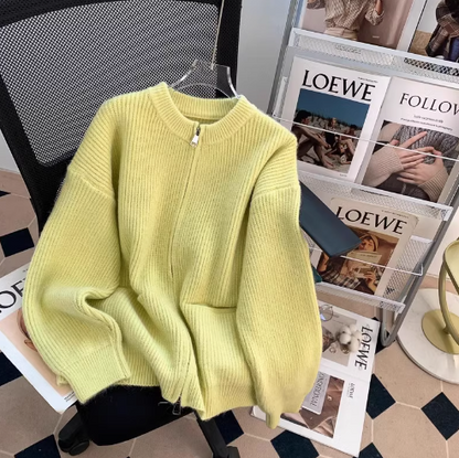 Lazy style double-head zipper soft waxy sweater jacket loose casual outer wear knitted cardigan ED0148