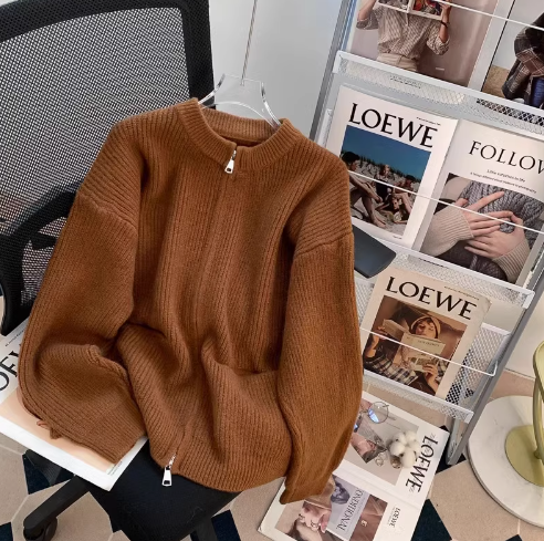 Lazy style double-head zipper soft waxy sweater jacket loose casual outer wear knitted cardigan ED0148