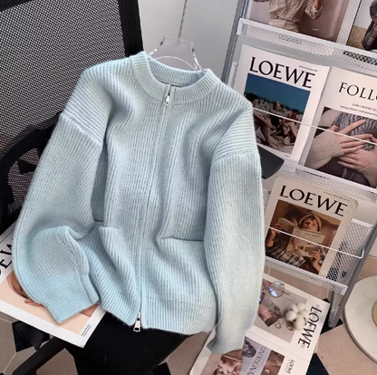 Lazy style double-head zipper soft waxy sweater jacket loose casual outer wear knitted cardigan ED0148