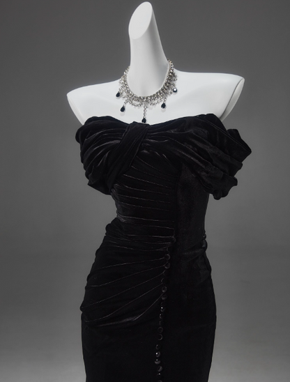 Black Mermaid Off-the-shoulder Velvet Long Prom Dress, Elegant Quinceanera Dress ED01490