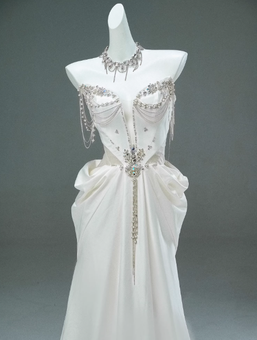 White Satin A-line Sweetheart Beaded Long Prom Dress, Elegant Adult Ceremony Graduation Prom Dress ED01493