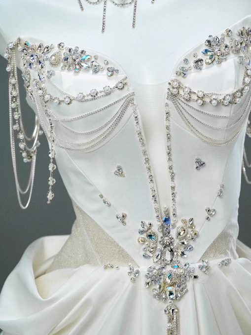 White Satin A-line Sweetheart Beaded Long Prom Dress, Elegant Adult Ceremony Graduation Prom Dress ED01493