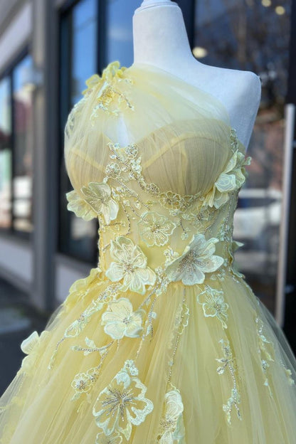 Light Yellow A-line One Shoulder Tulle 3D Appliques Beading Long Prom Dress with Slit ED01495