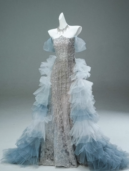 Mermaid Off-the-shoulder Tulle Sequin Long Ball Gown, Elegant Rhinestone Evening Gown ED01497