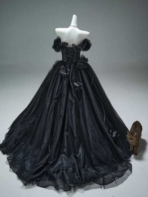 Black A-line Off-the-Shoulder Tulle 3D Applique Long Prom Dress,Adult Ceremony Graduation Prom Dress ED01498