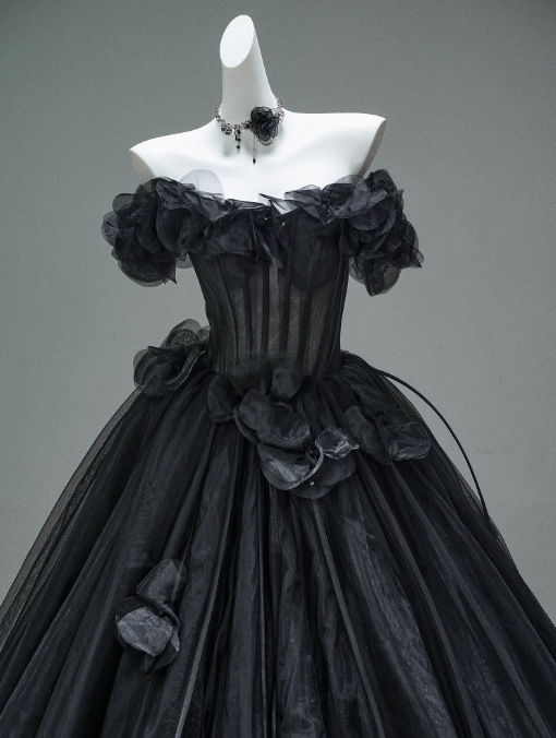 Black A-line Off-the-Shoulder Tulle 3D Applique Long Prom Dress,Adult Ceremony Graduation Prom Dress ED01498