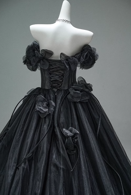 Black A-line Off-the-Shoulder Tulle 3D Applique Long Prom Dress,Adult Ceremony Graduation Prom Dress ED01498