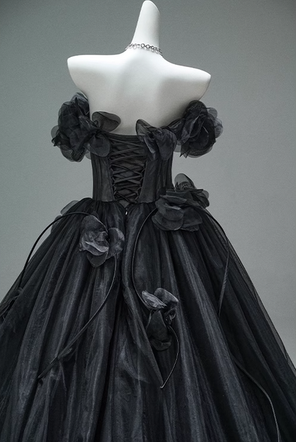 Black A-line Off-the-Shoulder Tulle 3D Applique Long Prom Dress,Adult Ceremony Graduation Prom Dress ED01498