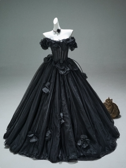 Black A-line Off-the-Shoulder Tulle 3D Applique Long Prom Dress,Adult Ceremony Graduation Prom Dress ED01498