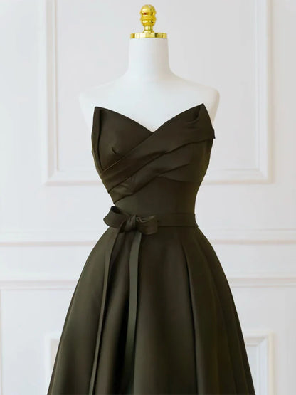 A-Line V Neck Satin Olive Green Long Prom Dress, Olive Green Long Formal Dress ED015