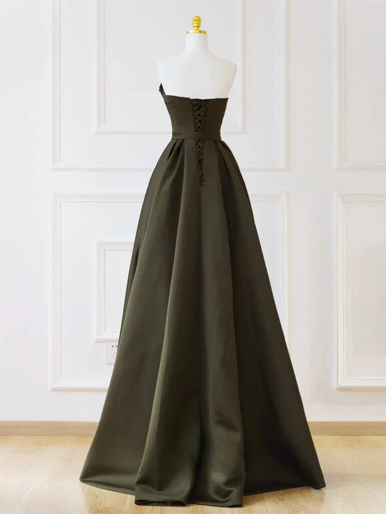 A-Line V Neck Satin Olive Green Long Prom Dress, Olive Green Long Formal Dress ED015