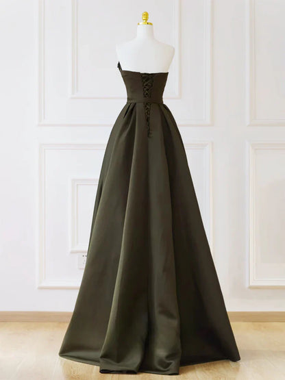 A-Line V Neck Satin Olive Green Long Prom Dress, Olive Green Long Formal Dress ED015