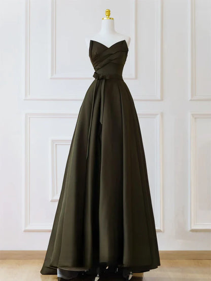 A-Line V Neck Satin Olive Green Long Prom Dress, Olive Green Long Formal Dress ED015
