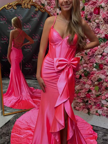 Spaghetti Straps V-Neck Satin Mermaid Prom Dress with Bow ED01506