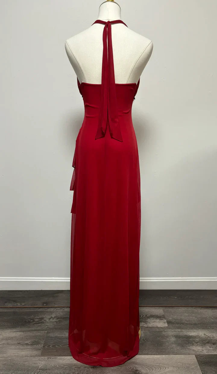 Burgundy A-line Halter V Neck Chiffon Backless Prom Dress,Bridesmaid Dress With Ankle Length ED01515