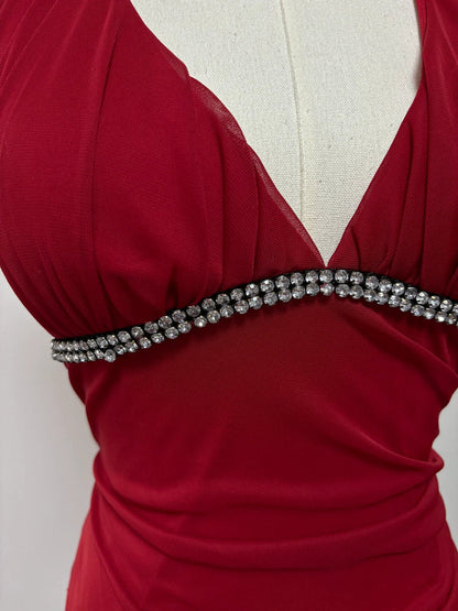 Burgundy A-line Halter V Neck Chiffon Backless Prom Dress,Bridesmaid Dress With Ankle Length ED01515