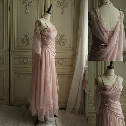 Affordable Prom Dresses Under $180||Lovely Pink 🩷Chiffon  Prom Dress Princess Pearls Spaghetti Straps Evening Dresses ED01517