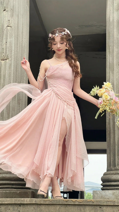 Affordable Prom Dresses Under $180||Lovely Pink 🩷Chiffon  Prom Dress Princess Pearls Spaghetti Straps Evening Dresses ED01517