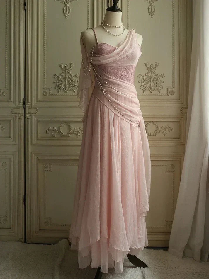 Lovely Pink Chiffon Prom Dress Princess Pearls Spaghetti Straps Evening Gown SH2627