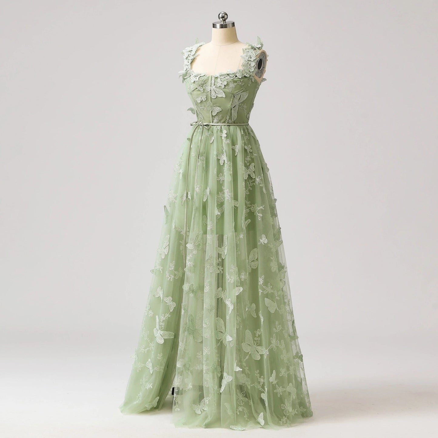 Sage Green A-Line Tulle Spaghetti Straps 3D Butterfly Long Prom Dress Sweet Adult Graduation Prom Dress  ED01518