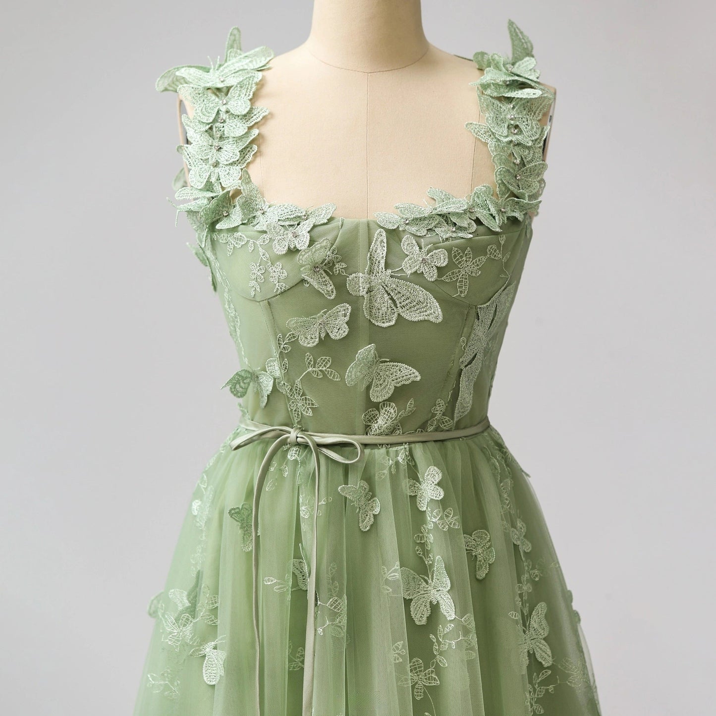 Sage Green A-Line Tulle Spaghetti Straps 3D Butterfly Long Prom Dress Sweet Adult Graduation Prom Dress  ED01518