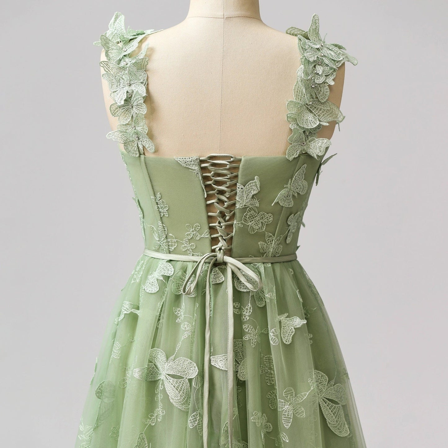 Sage Green A-Line Tulle Spaghetti Straps 3D Butterfly Long Prom Dress Sweet Adult Graduation Prom Dress  ED01518