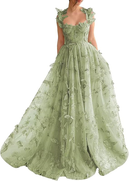 Sage Green A-Line Tulle Spaghetti Straps 3D Butterfly Long Prom Dress Sweet Adult Graduation Prom Dress  ED01518