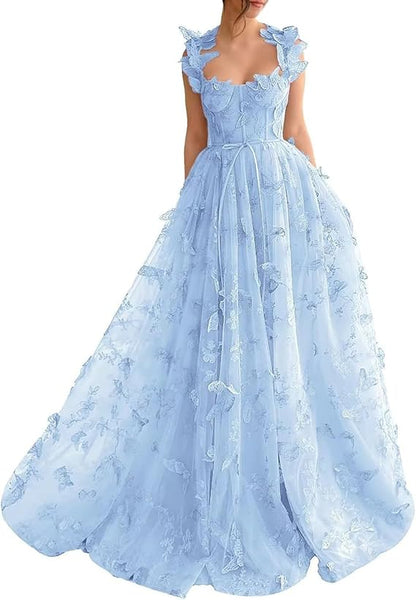 Sage Green A-Line Tulle Spaghetti Straps 3D Butterfly Long Prom Dress Sweet Adult Graduation Prom Dress  ED01518