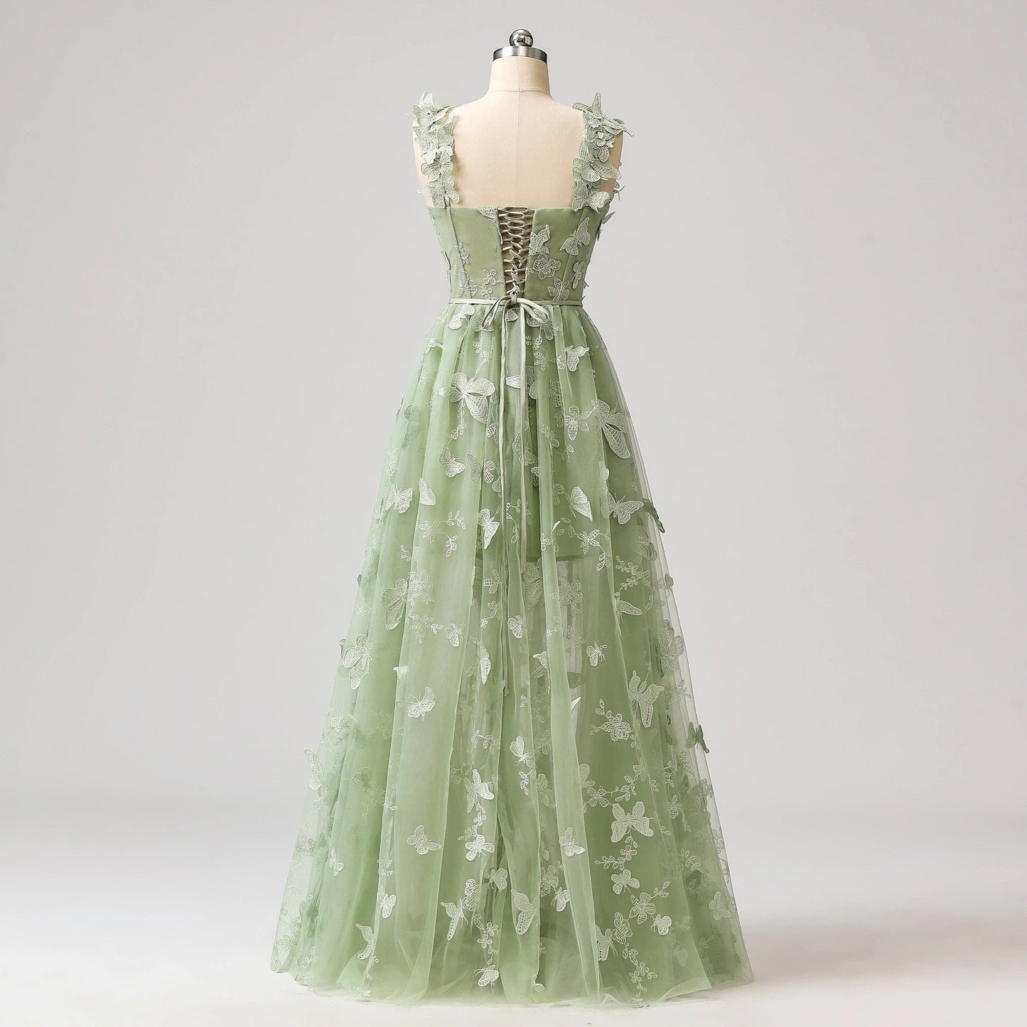 Sage Green A-Line Tulle Spaghetti Straps 3D Butterfly Long Prom Dress Sweet Adult Graduation Prom Dress  ED01518