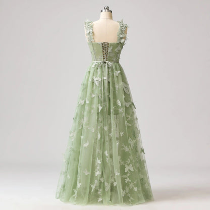 Sage Green A-Line Tulle Spaghetti Straps 3D Butterfly Long Prom Dress Sweet Adult Graduation Prom Dress  ED01518