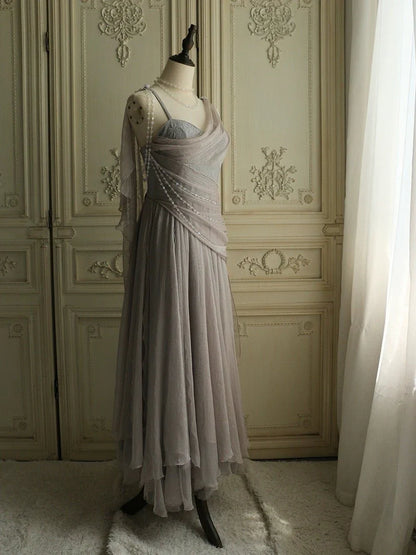 Chiffon Spaghetti Straps Transparent Beads Sweetheart Neck Grey Long Prom Dress  ED01520