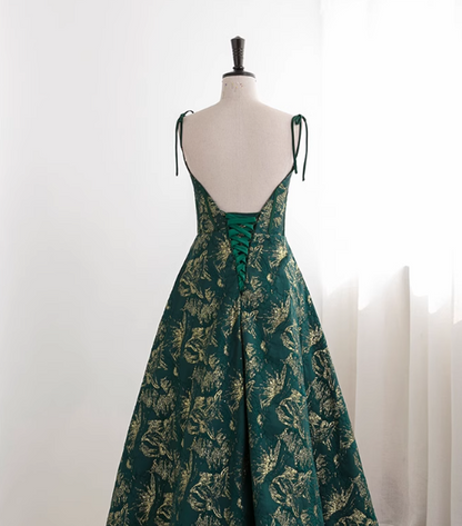 Dark Green A-line Spaghetti Strap Satin Long Prom Dress Sweetheart Neckline Retro Bridal Dress  ED01523