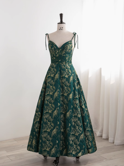 Dark Green A-line Spaghetti Strap Satin Long Prom Dress Sweetheart Neckline Retro Bridal Dress  ED01523