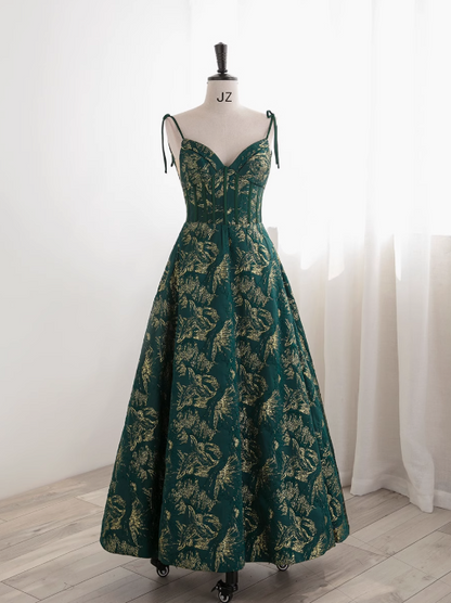 Dark Green A-line Spaghetti Strap Satin Long Prom Dress Sweetheart Neckline Retro Bridal Dress  ED01523