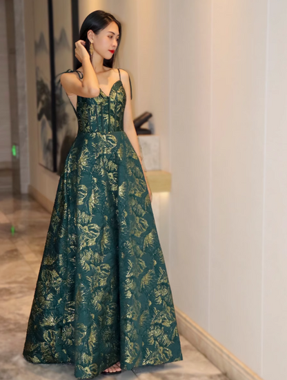 Dark Green A-line Spaghetti Strap Satin Long Prom Dress Sweetheart Neckline Retro Bridal Dress  ED01523
