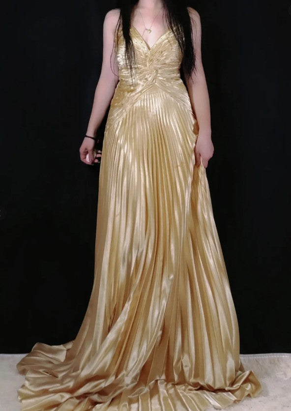 Gold A-line Spaghetti Straps Satin Beaded Long Prom Dress V-neck Retro Evening Dress ED01524