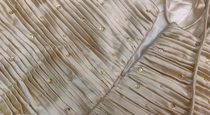 Gold A-line Spaghetti Straps Satin Beaded Long Prom Dress V-neck Retro Evening Dress ED01524