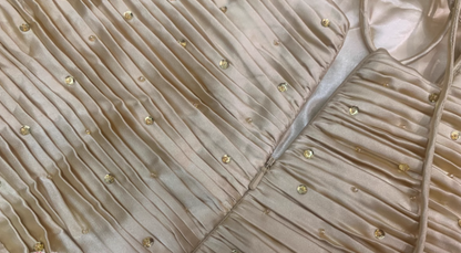 Gold A-line Spaghetti Straps Satin Beaded Long Prom Dress V-neck Retro Evening Dress ED01524