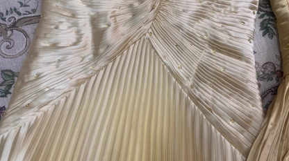 Gold A-line Spaghetti Straps Satin Beaded Long Prom Dress V-neck Retro Evening Dress ED01524