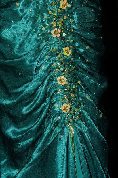 Turqoise Mermaid Halter Satin Beaded Long Prom Dress Retro V-neck Rhinestone Evening Gown ED01525