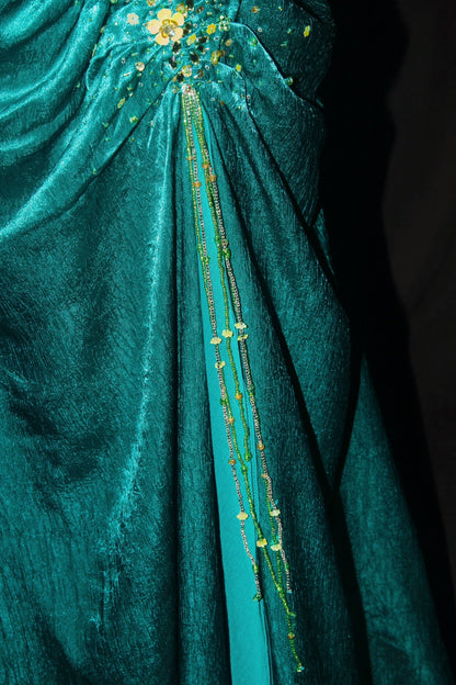 Turqoise Mermaid Halter Satin Beaded Long Prom Dress Retro V-neck Rhinestone Evening Gown ED01525