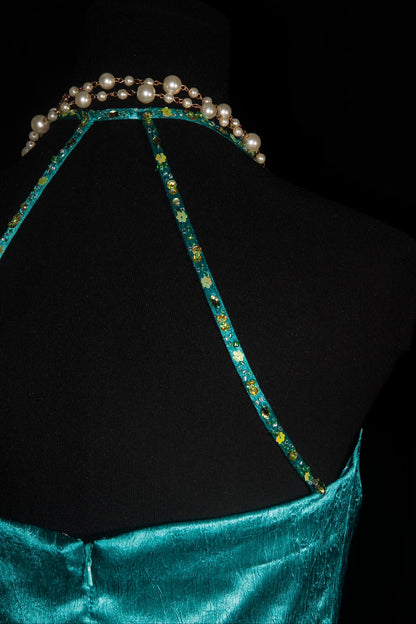 Turqoise Mermaid Halter Satin Beaded Long Prom Dress Retro V-neck Rhinestone Evening Gown ED01525