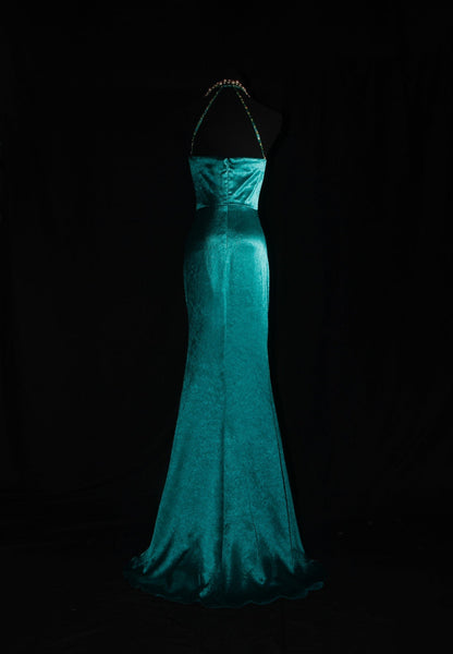 Turqoise Mermaid Halter Satin Beaded Long Prom Dress Retro V-neck Rhinestone Evening Gown ED01525