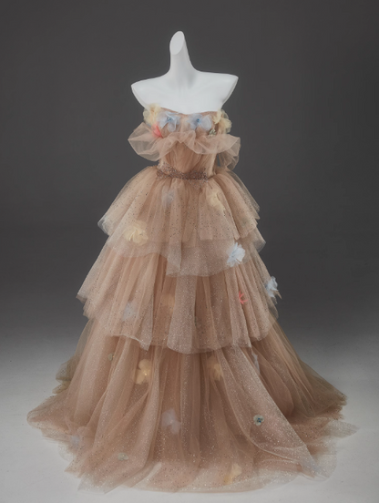 Champagne A-Line Off Shoulder Tulle Sequin Long Ball Dress Cute Layered Dress ED01526