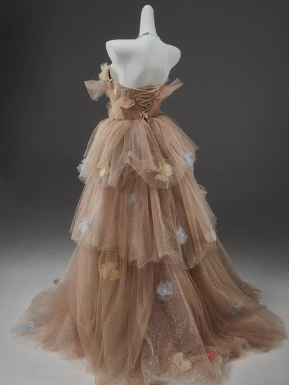 Champagne A-Line Off Shoulder Tulle Sequin Long Ball Dress Cute Layered Dress ED01526