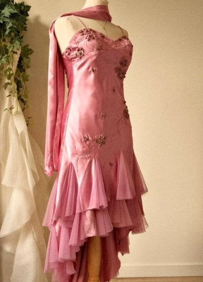 Gorgeous  A-line Pink Spaghetti Strap Satin Applique Retro Prom Dress Birthday Party Dress ED01528