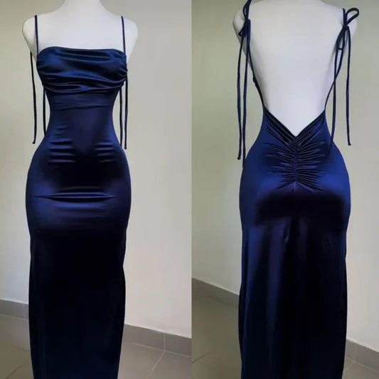 Navy Blue Spaghetti Strap Bodycon Satin  Elegant Prom Dresses Backless Party Dresses  ED01531
