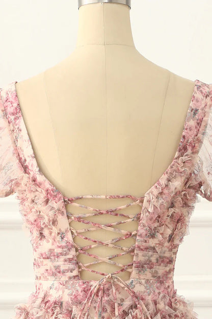 Pink A-line Tulle Pleated Floral Long Prom Dress Adult Ceremony Graduation Prom Dress ED01533